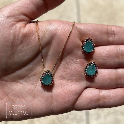 Conjunto Gota Turmalina Fusion Cravejada Rainbow Dourada